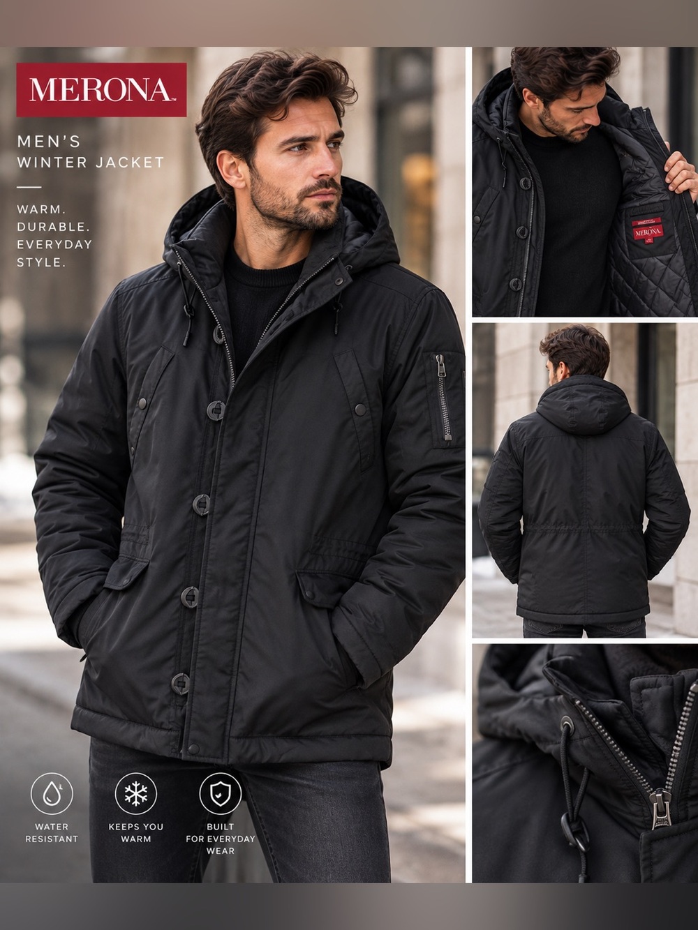 Merona Men's Black Winter Jacket - Insulated Hooded Coat Sz S